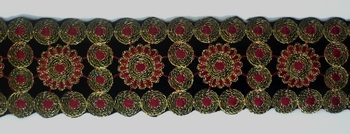 Goudband 62mm (13 yard), Rood geweven bloemen